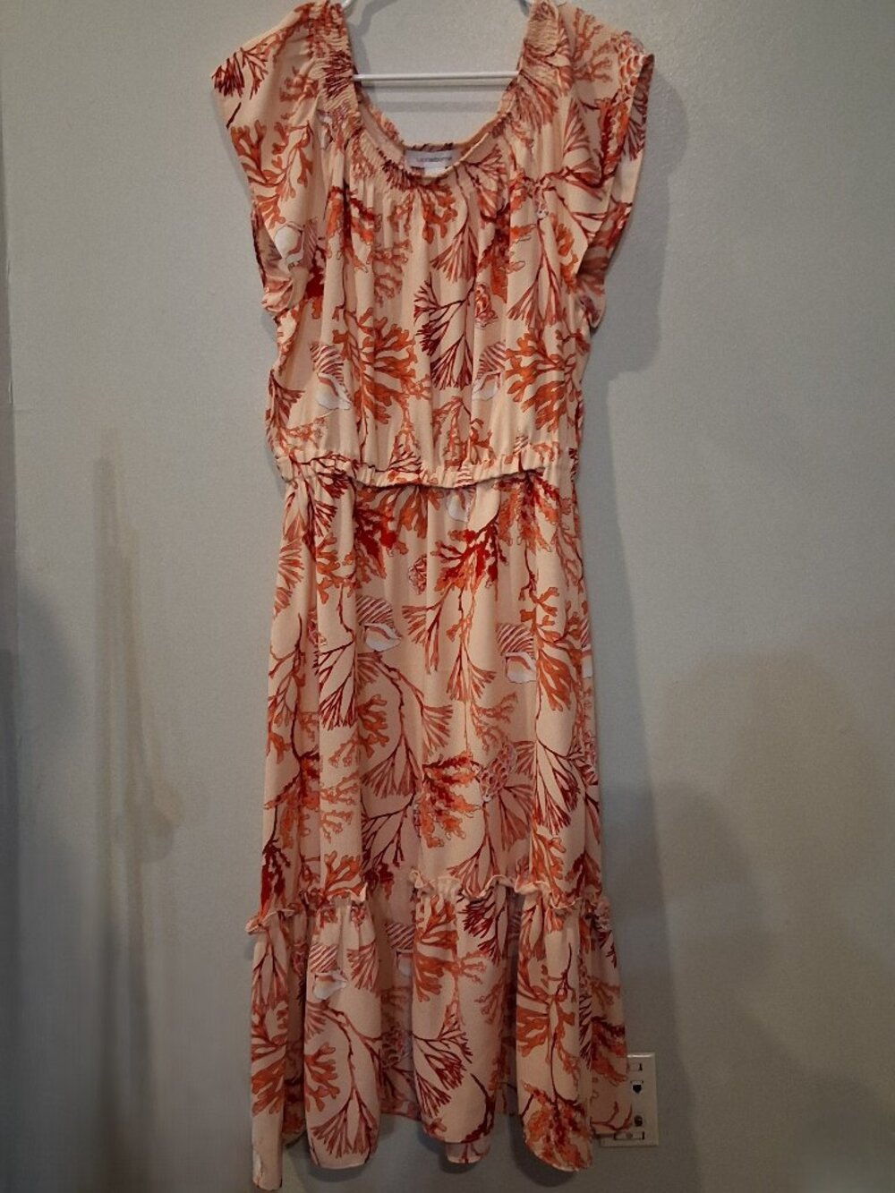 Liz Claiborne Coral & Shell Print Tiered Midi Cottagecore, Dress